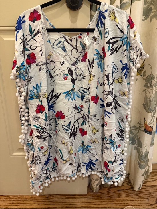 Seafolly Other - Seafolly White Floral Pom-Pom V-Neck Tunic with Multicolor Blooms